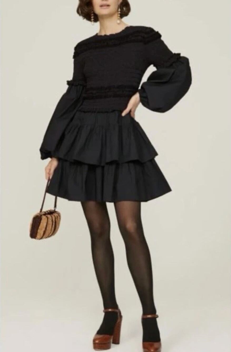 Ulla Johnson Nadia Embroidered Lantern-Sleeve Dress Black